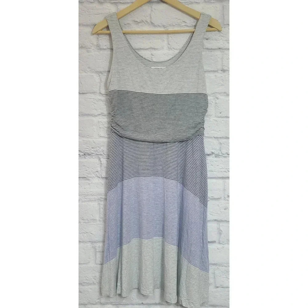 Athleta Santa Maria Tank Dress Women's Medium Blue Gray White Striped Ruched